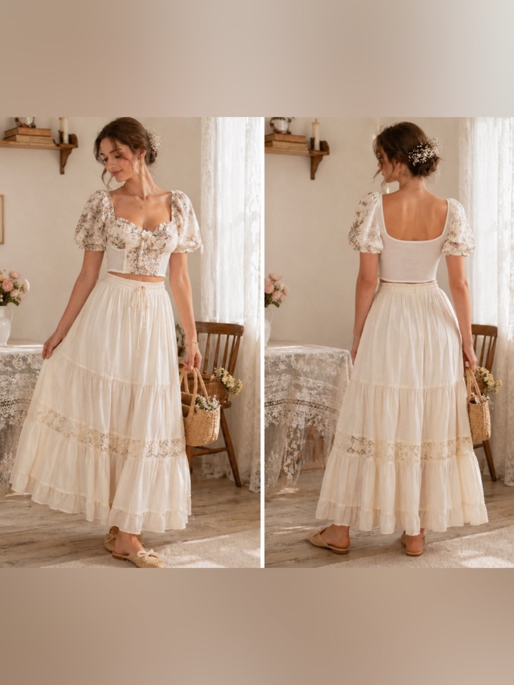 Romantic Cottagecore Sheer Back Floral Corset Top | Puff Sleeve Bustier Blouse